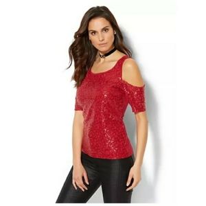 ** Black Friday SALE **  Sequin & Lace Overlay Cold-Shoulder Top